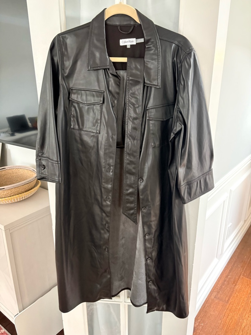 Calvin Klein Black Faux Leather Button-Front Long Coat